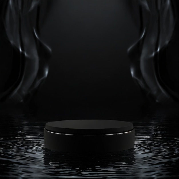 Photo round black podium on water for product display with black background