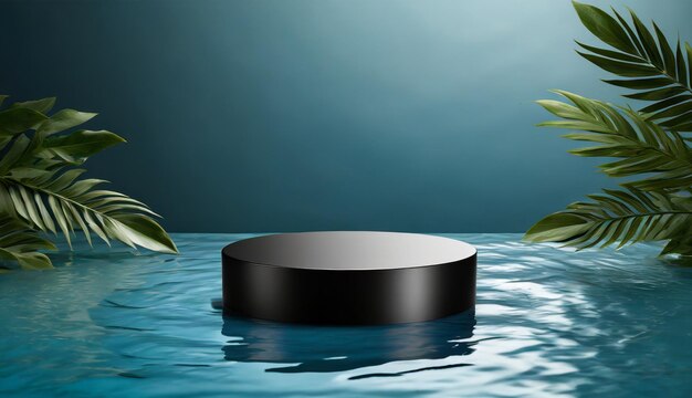 Photo round black podium on water for product display