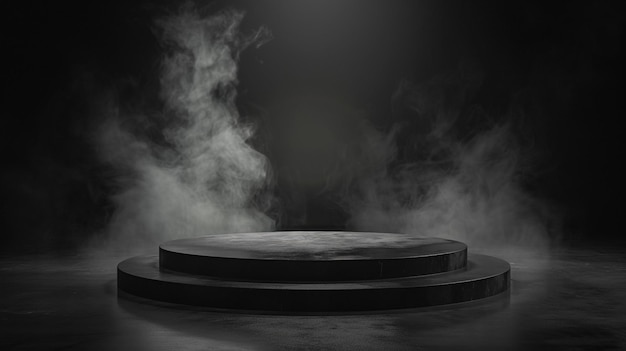 a round black table with a round object on it