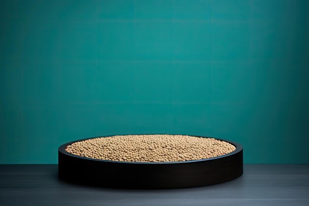 Round black wood podium close shot blue background studio with lentil green