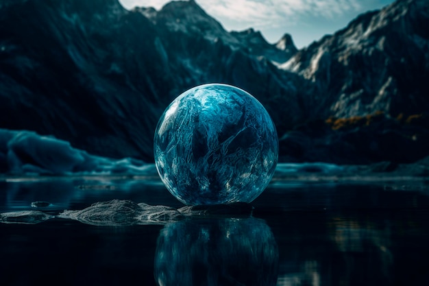 Round blue ball in the mountains Generative AI