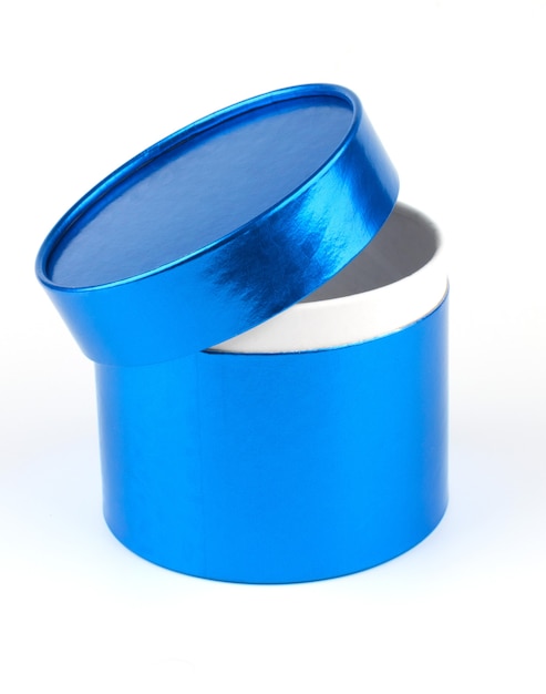 Round blue gift box with lid ajar