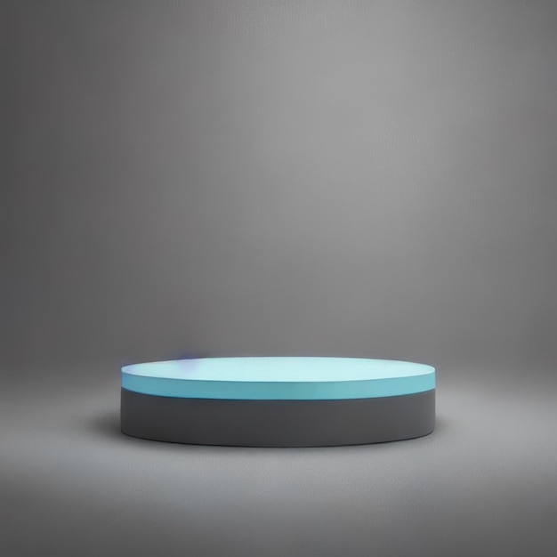 Photo a round blue object with a light blue top sits against a grey wall.