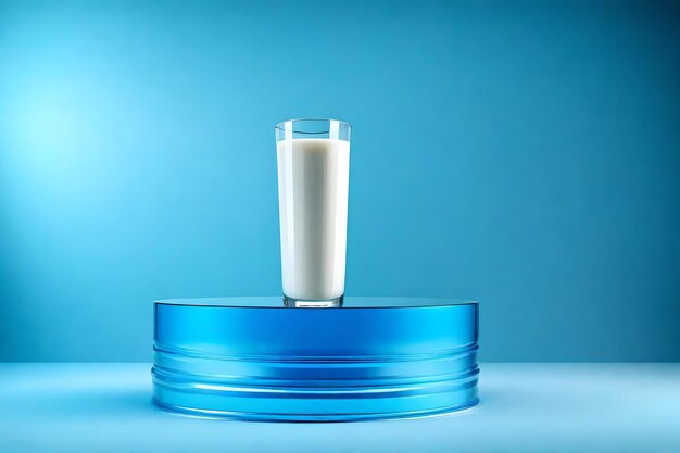 Round blue podium close shot iridescent background studio with glass of milk high quality