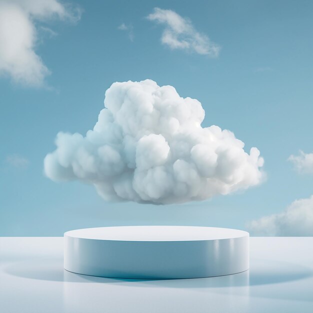 A round blue podium with a big white cloud on a background and blue sky