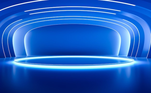 Round blue podium with neon lights in an empty room