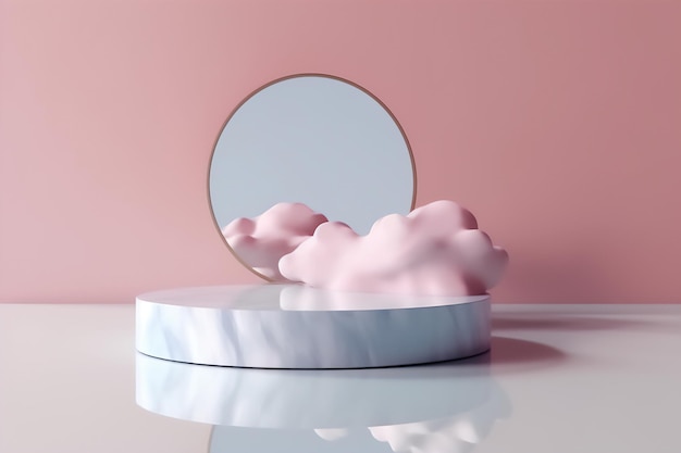 A round blue podium with a round mirror and a cloud on it Generative ai