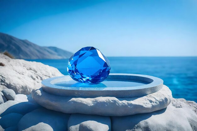 Round blue rock podium composition with blue crystal by the sea hyperrealistic materials