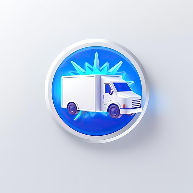 Круглый синий знак с белым грузовиком и синим логотипом с надписью «доставка».