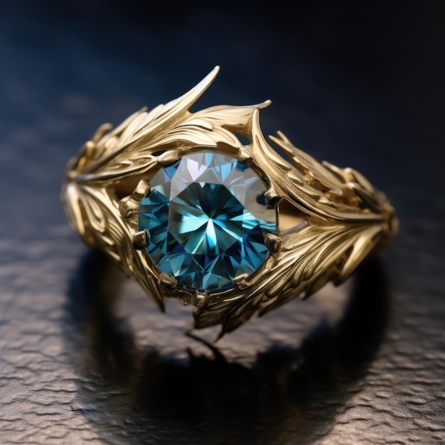 a round blue topaz ring with feathers