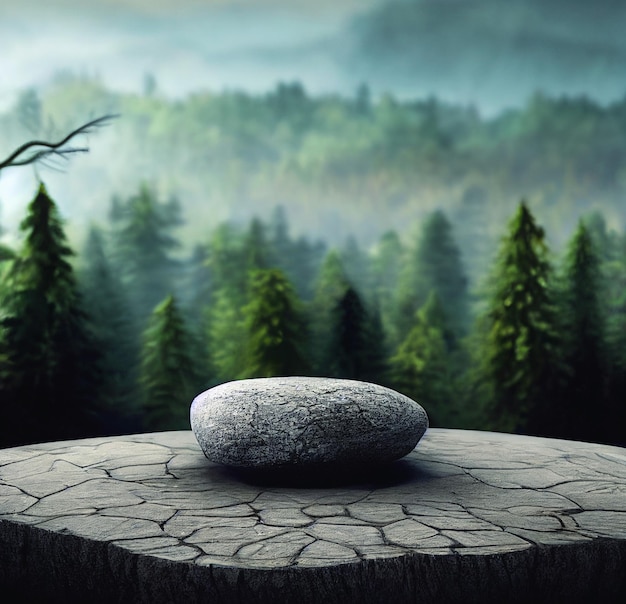 Round bluish stone podium on rock platform 3d illustration flat rock pedestal for product display green forest and blue horizon on the background natural scenery landscape soft daily light