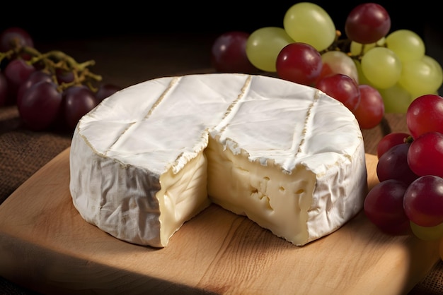 Round brie cheese with notch closeup yellow camembert on wooden board with green grapes Italian food Dairy product Still life with deep shadows rustic style Image is AI generated