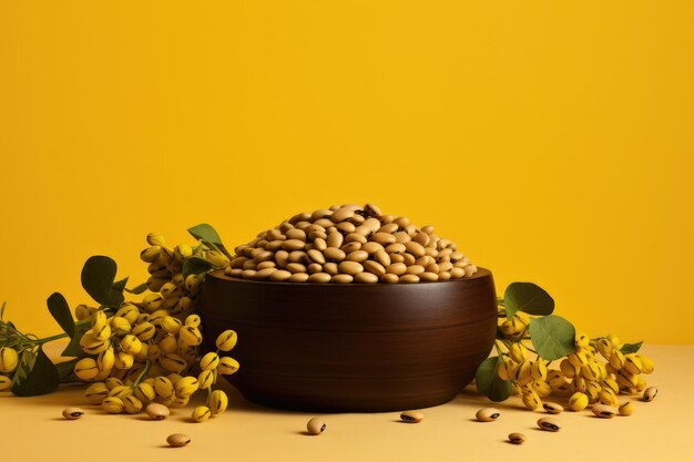 round brown podium close shot yellow background studio with Lupin bean