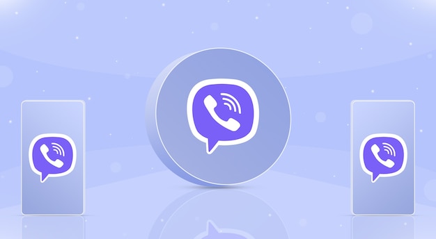 화면 3d에 viber 로고가 있는 두 개의 전화기가 있는 둥근 버튼 viber 아이콘