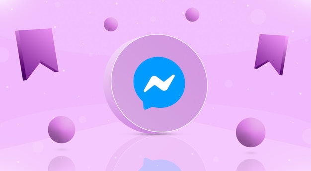 Photo round button with messenger logo balls and save icon around 3d