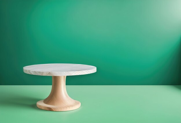 A round cake stand with a green background and a white plate that says'white'on it.