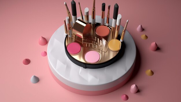 A round cake with a large display of makeup on it.