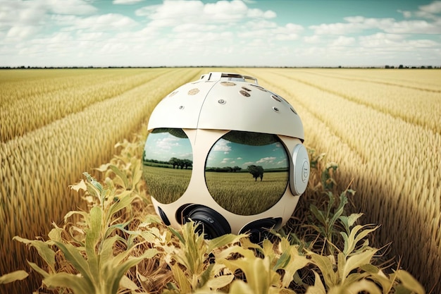 Round cap with glasses planted in field by agronomist drone