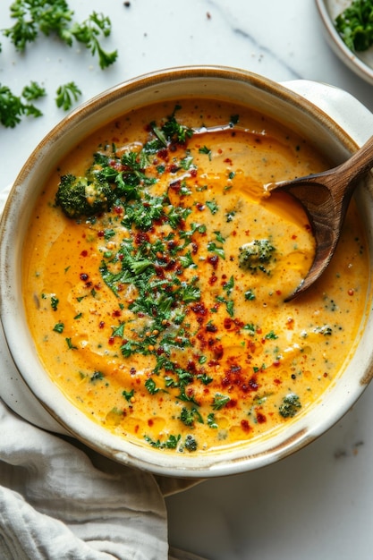 a round casserole with Cream of Broccoli and Pumpkin Cream Soup no chunks visible with a drizzle