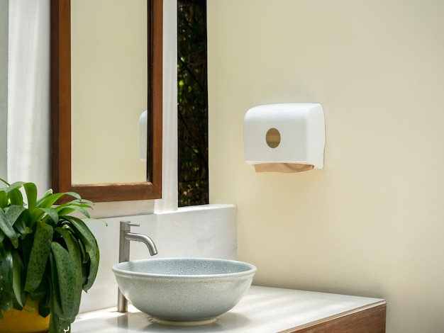 Lavandino rotondo in ceramica con rubinetto con specchio alto su parete bianca decorazione di sfondo con foglie verdi su mensola in marmo design moderno con interni naturali del bagno