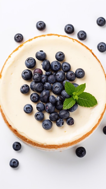 白い背景の垂直写真上のブルーベリーの丸いチーズケーキ