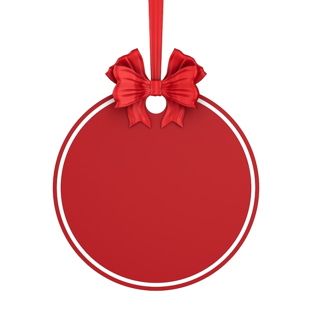 Etichetta rotonda di natale con nastro rosso e fiocco su sfondo bianco. illustrazione 3d isolata