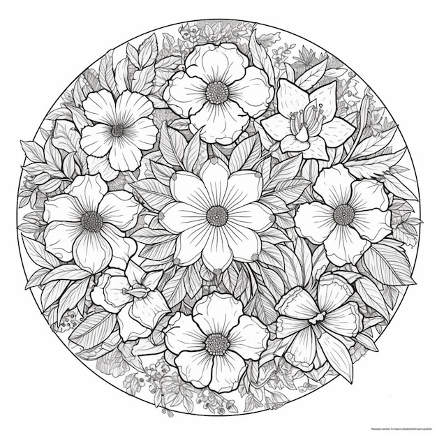 A round circle with flowers and leaves.