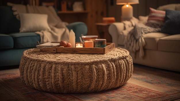 A round coffee table in a living room with a candle on it.