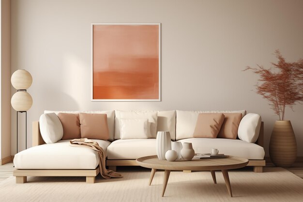 Photo round coffee table near white corner sofa with terra cotta cushions near paneling wall ai generate