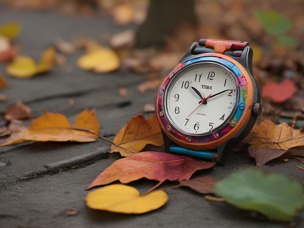 Photo round colorful timex analog clock near leaves