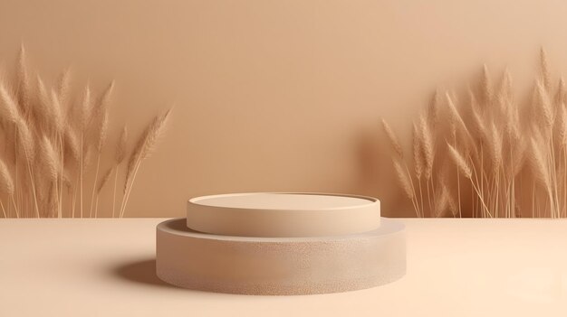 A round, concrete, concrete, and wood stand with a beige background.