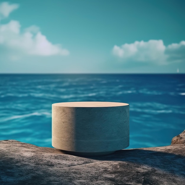 A round concrete cylinder sits on a rock in front of a body of water.