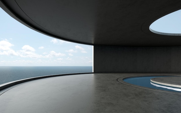 Круглый бетонный подиум пустой пол 3d визуализация абстрактного внешнего пространства с морским фоном