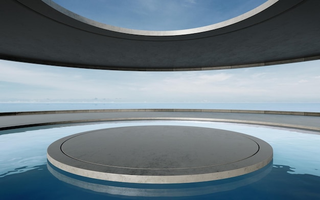 Round concrete podium empty floor 3d rendering of abstract exterior space with sky background