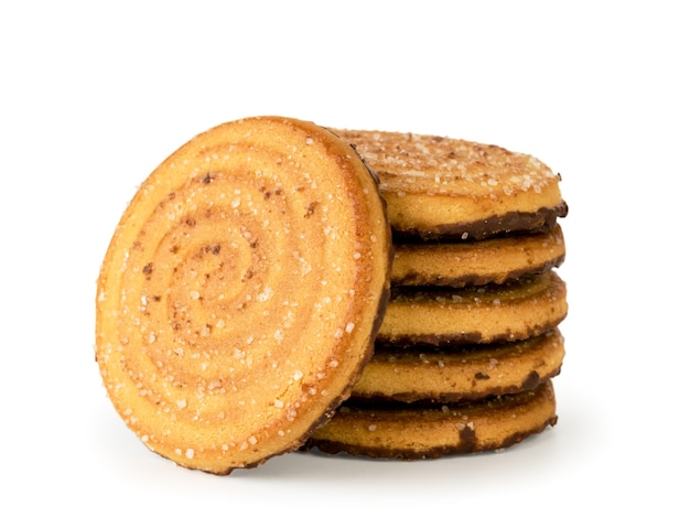 Round cookie with chocolate and sugar close-up on a white background. Isolated.