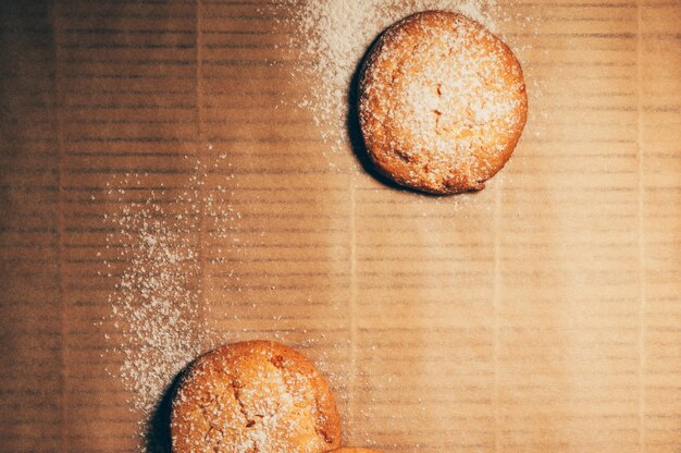 Round cookies closeup flat lay background