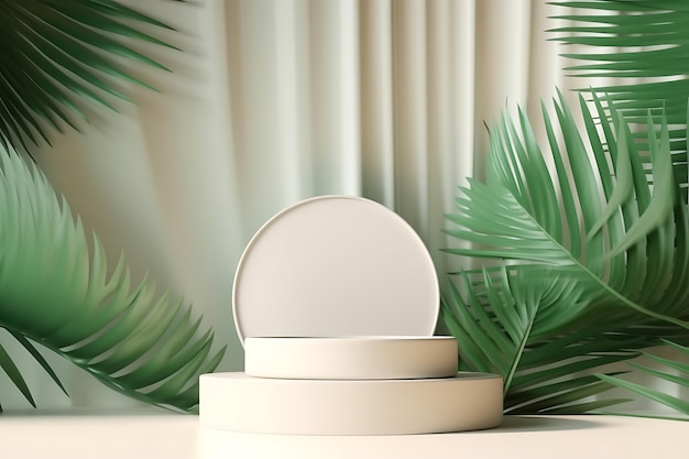 Round cream podium green tropical palm in sunlight Ai Generative