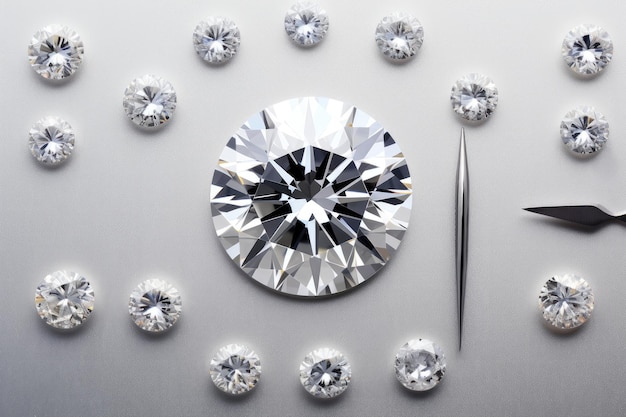 Photo round cut diamond and different cut diamonds on tweezers with light background and copy space top vi