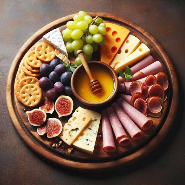 Round cutting board with slicing assorted cheese sausage rosette ham cracker grapes and figs with honey