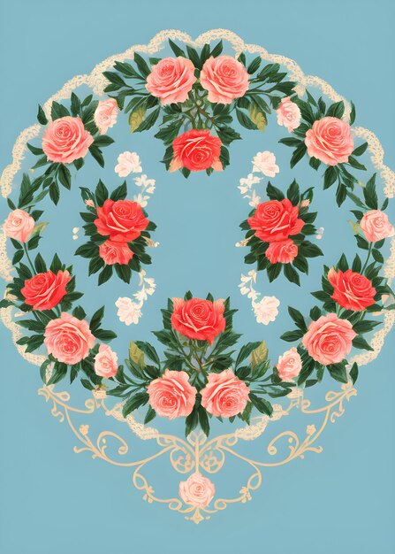 a round design with roses and leaves in a circle.