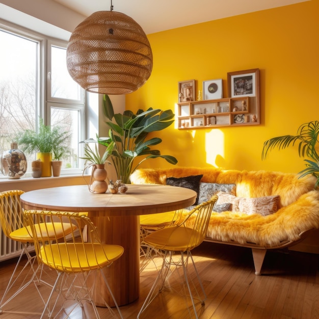 Photo round dining table and chairs in vibrant yellow room bohemian interior design of modern dining room