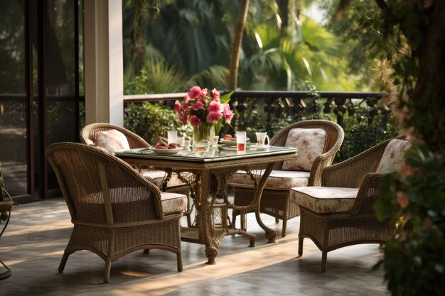 A round dining table stands on the terrace