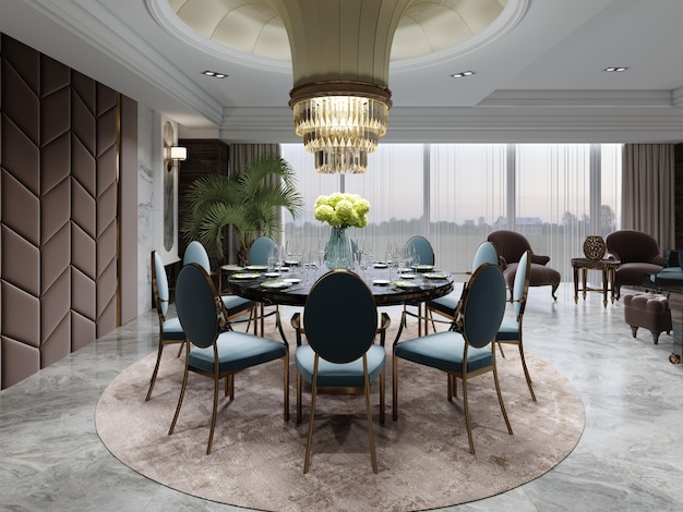 Round dining table with ten blue chairs in a modern luxury interior with round ceiling