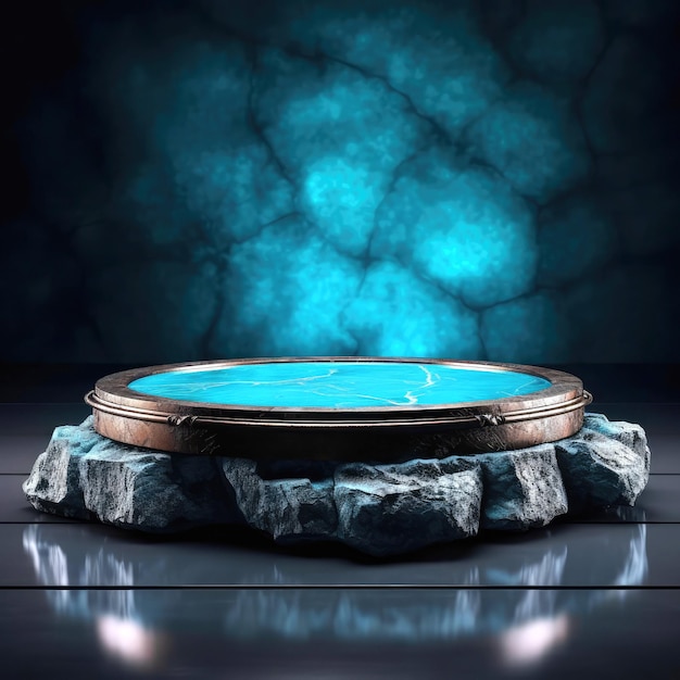 Round disc podium made of turquoise stone framed in a wooden ring standing on a natural stone