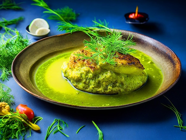 A round dish Fish with almond slice in Ginger and chili fresh dill sauce with green vegetables