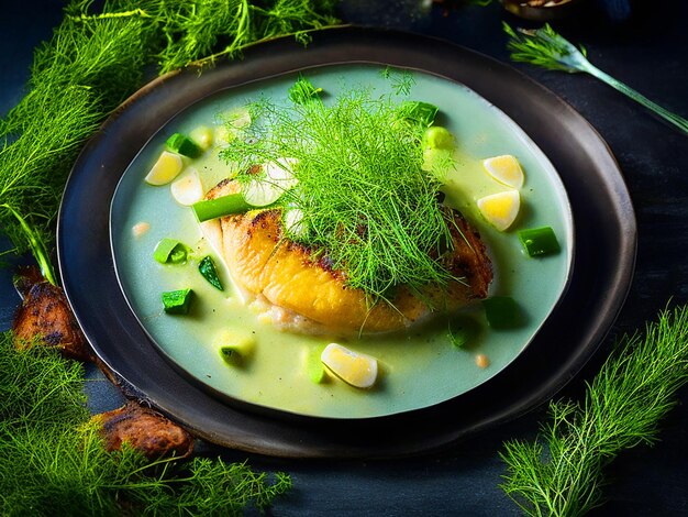 A round dish Fish with almond slice in Ginger and chili fresh dill sauce with green vegetables