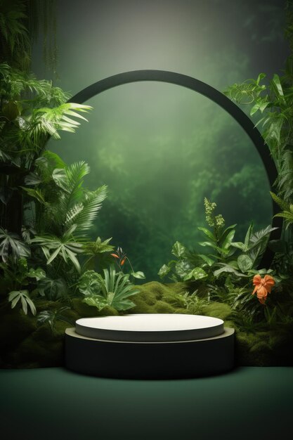 Round display podium with plants on green background created using generative ai technology