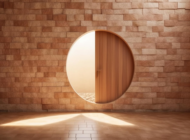 A round door in a brick wall with the sun shining through it.
