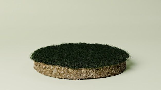Круглый подиум из земли и травы, концепция отображения продукта, 3D рендеринг