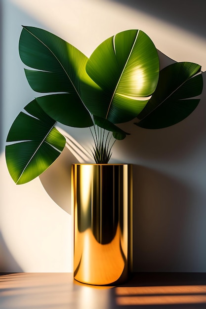 Round empty shiny gold podium table green bamboo palm tree in beautiful sunlight leaf shadow on wh